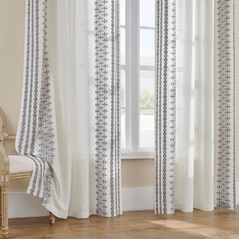 SEEKRIGHT Grey Boho Curtains 84 Inches Long for Bedroom Living Room 2 Panels Grommet Light Filtering Natural Linen Fabric Bohemian Striped Embroidered Curtains Farmhouse Window Curtains Privacy Decor, 52x84 - Image 2